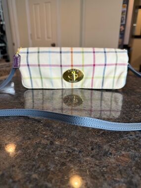 COACH Tattersoll Fold Over Crossbody Clutch with KISS Lock and Blue Strap